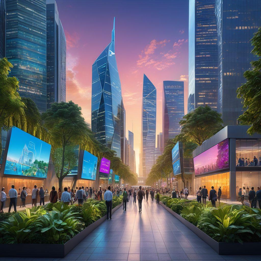 A futuristic city skyline reflecting technological advancements in insurance, featuring digital screens displaying customized insurance options, with diverse people discussing policies. Include elements like AI interfaces, smart devices, and a backdrop of greenery blending with modern architecture. vibrant colors. super-realistic.