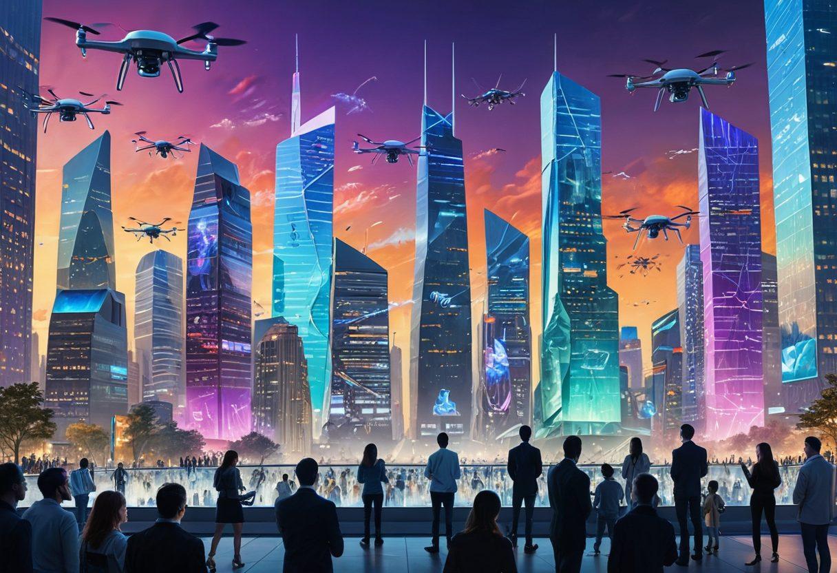 A futuristic cityscape representing digital innovations in insurance, featuring diverse individuals interacting with holographic displays showing affordable coverage options. Include elements of smart technology like drones and VR devices while showcasing diverse communities engaged in discussions about insurance. The sky is bright and optimistic, symbolizing a hopeful future. super-realistic. vibrant colors. 3D.