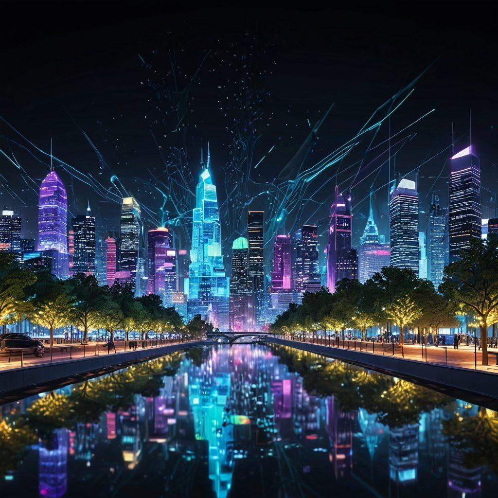 A futuristic digital landscape filled with glowing insurance quotes and coverage icons, seamlessly blending elements like a city skyline made of pixelated data streams and floating holographic figures discussing policies. Incorporate a vibrant color palette, showcasing technology and security themes, with a hint of nature represented by digital trees. super-realistic. vibrant colors. 3D.